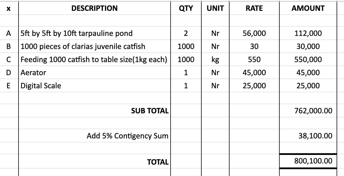 Estimate for raising 1000 Catfiish