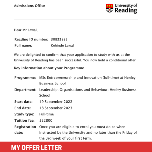 Help Kehinde Lawal Study MSc Innovation & Entrepreneurship at Reading University, UK