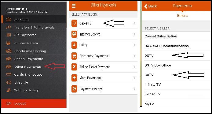 Subscribing for DSTV or GOTV using the GTBank mobile app