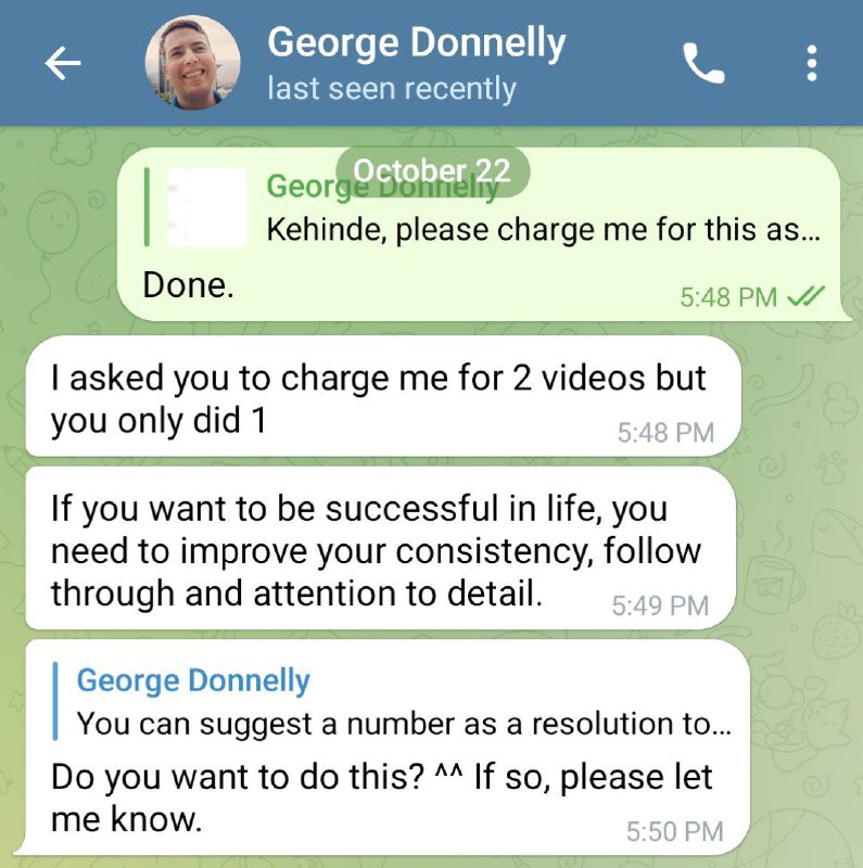 Telegram message showing George Donelly's advice.