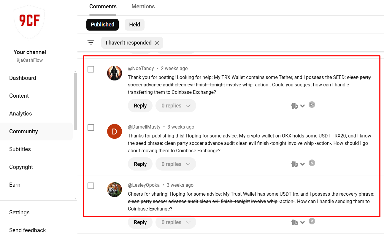 TRON USDT Passphrase Scam Posted on YouTube