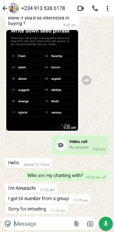 TRON USDT Passphrase Scam Message 2 on WhatsApp