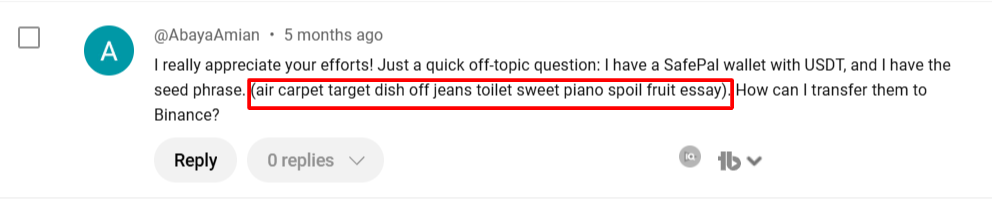TRON USDT Passphrase Scam Posted on YouTube Comments