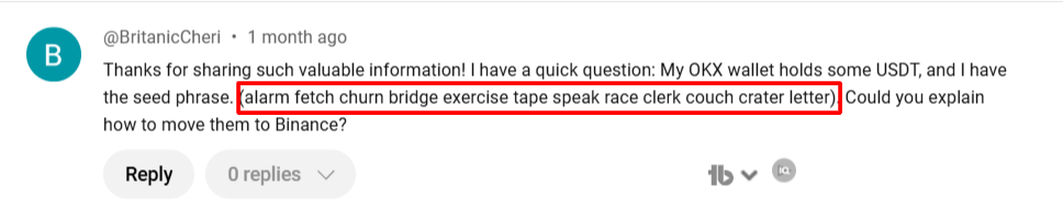 TRON USDT Passphrase Scam Posted on YouTube Comments